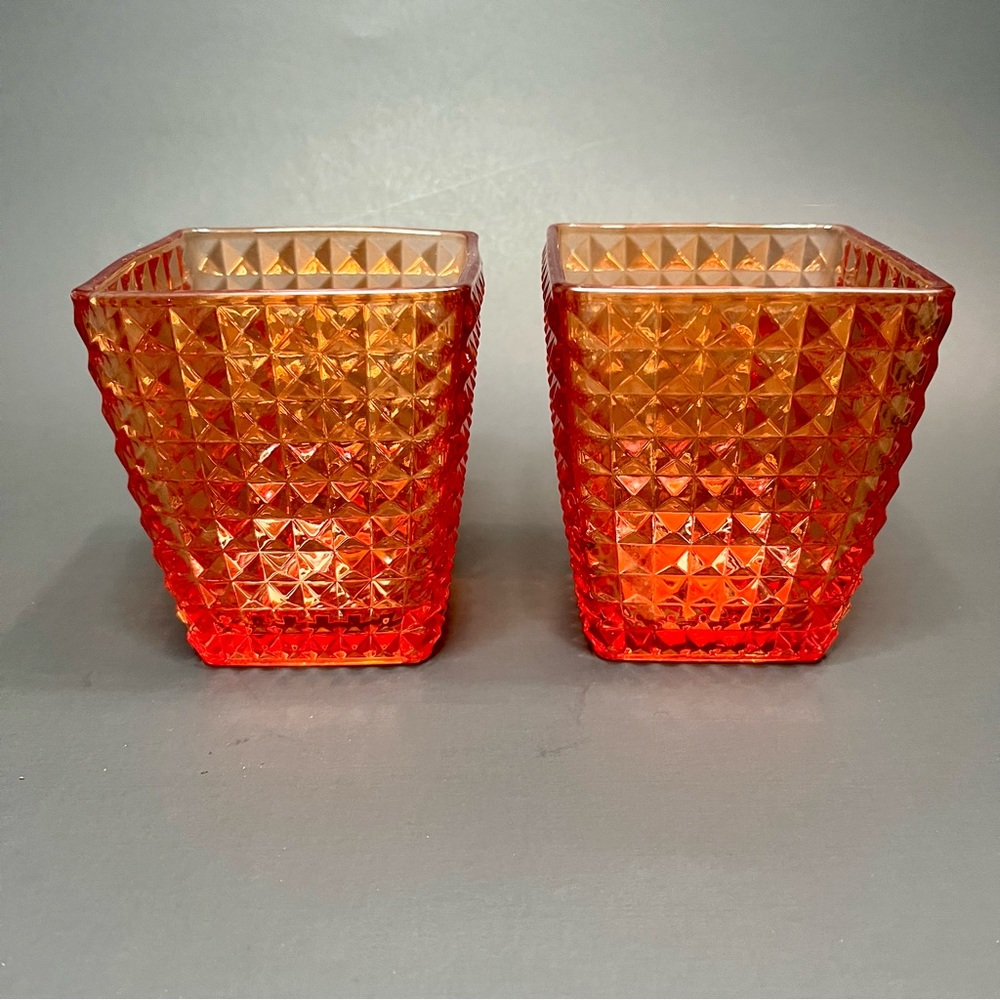 Orange Red  Glass Candle Holder Diamond Cut Iridescent